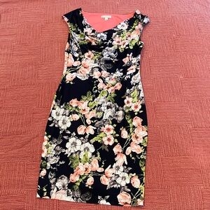 Women’s size 12 floral Midi Dress in Black and coral
